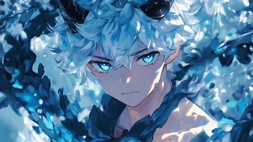Blue-toned anime portrait depicts horned youth with bright eyes