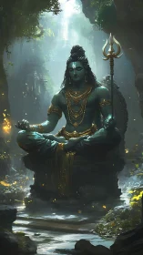 Divine blue deity meditates in luminous rainforest shrine