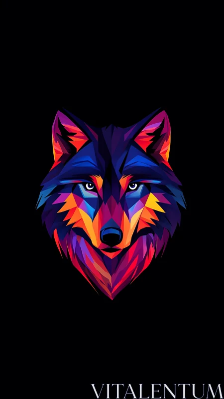 Geometric multicolor wolf head illustration on black background.