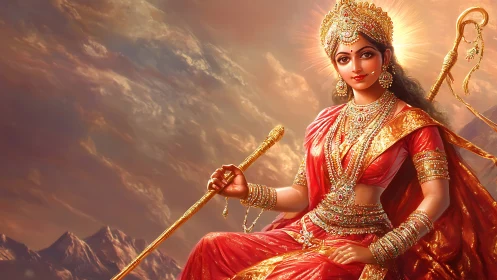 Hindu goddess figure in red sari with trident on mountains.