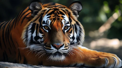 Resting Bengal tiger in shallow depth-of-field portrait study.