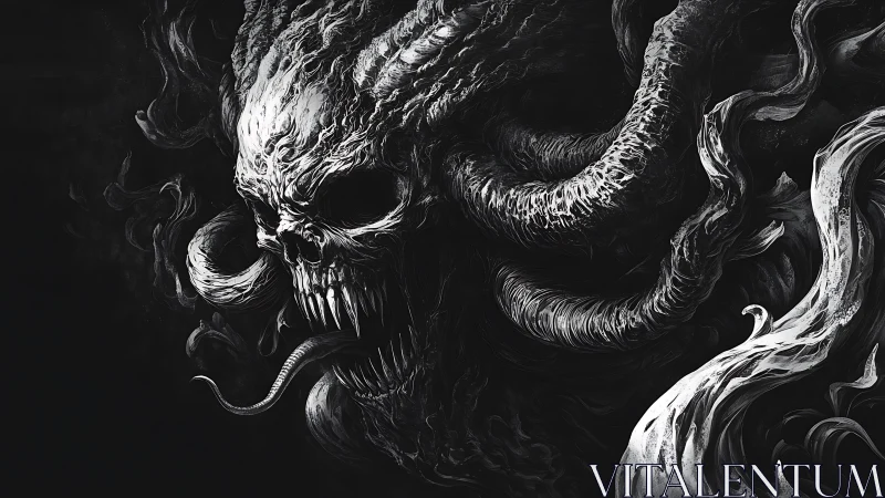 Monochrome demonic skull with elongated tendrils is depicted