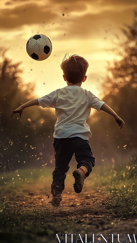 Boy runs toward soccer ball on wet path at sunset