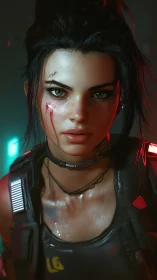 Neon-scarred cyber rebel stares down the future unflinching.