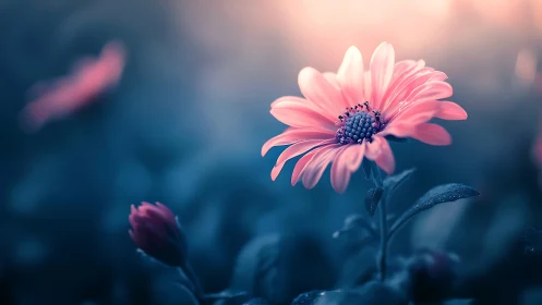 Pink daisy flower in soft blue background light focus.