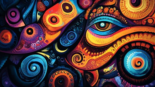 Vibrant swirling vision of color, pattern, and watching eye.