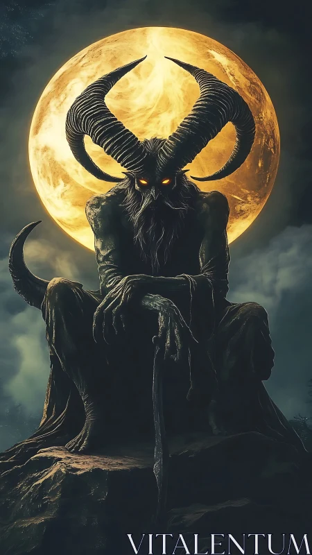 Moonlit horned guardian resting on a cliffside throne.