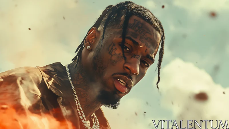 Tattooed man gazes intensely amid smoke and embers outdoors.