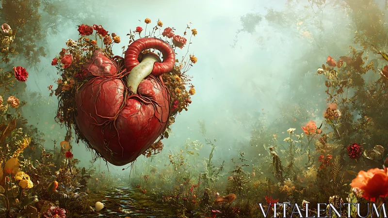 Heartroot sanctuary pulsing amid a wild, rose-lit mist.