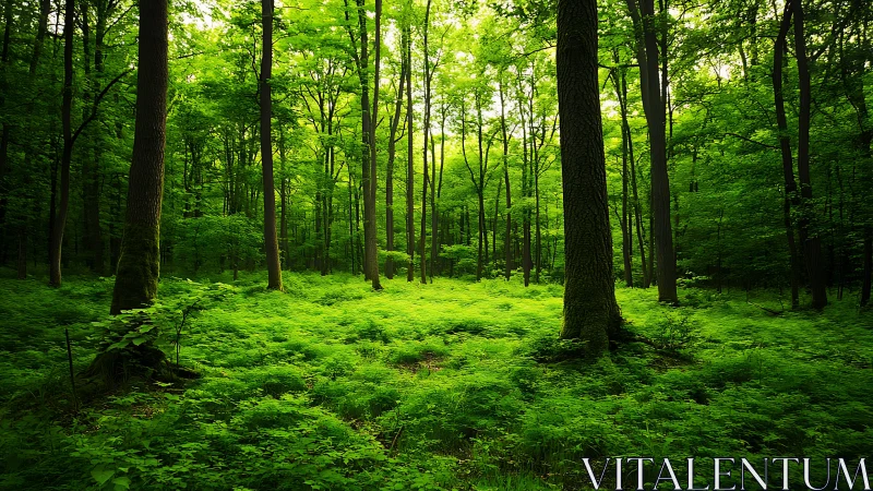 Dense temperate forest canopy with towering deciduous trees and verdant ground vegetation.