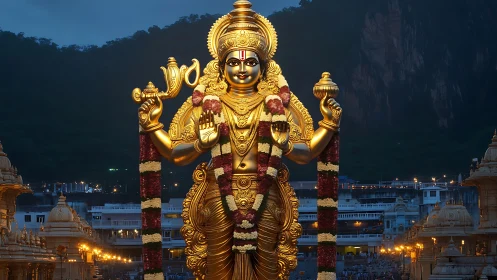 Photorealistic golden deity statue in illuminated temple plaza.