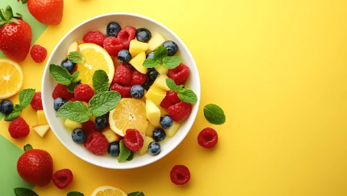 Colorful summer fruit salad glows against bright yellow background.