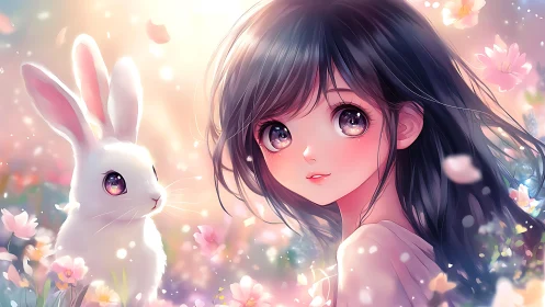 Girl with white rabbit in soft glowing flower field.