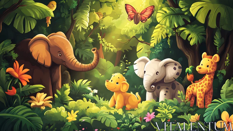 Playful jungle critters share a sunny secret meeting spot.