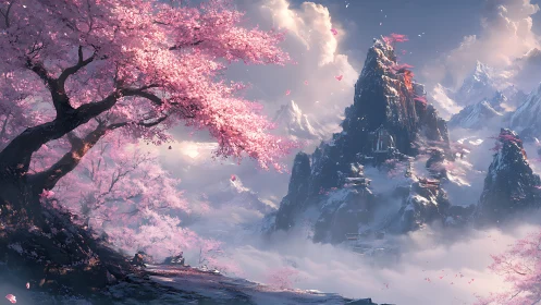 Blossom-clad mountain temples adrift in whispering cloud seas.