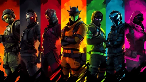 Tactical operators rendered in neon segmented spectrum lineup