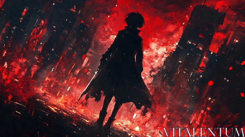 Crimson city drifter facing the burning neon nightscape.