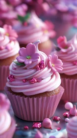 Floral-Topped Cupcake with Gradient Pink Frosting and Metallic Embellishments.