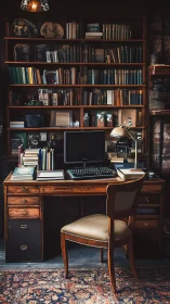 Vintage study with CRT workstation and densely loaded bookwall