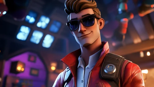 Cool gamer hero smiles confidently in neon lounge bar