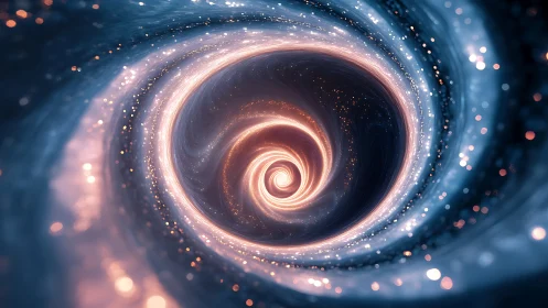 Swirling cosmic tunnel glows with soft stardust and gentle light