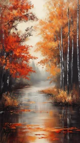 Serene autumn river with orange trees and reflections.