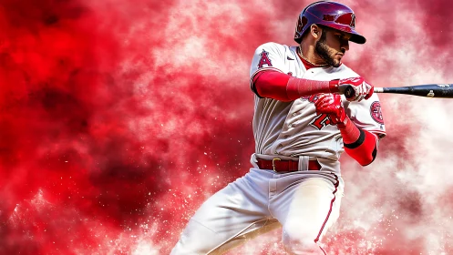 Dynamic baseball batter captured against abstract red motion field