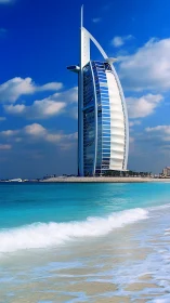 Sail-shaped coastal skyscraper viewed from sandy shoreline.