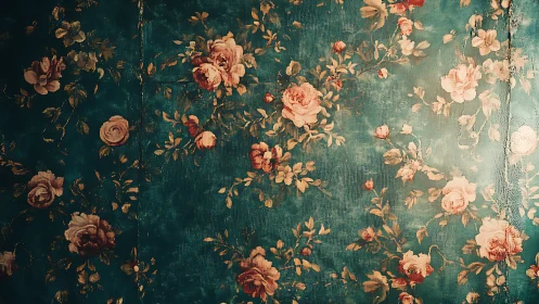 Vintage teal floral wallpaper with aged rose bouquet pattern