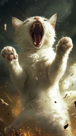 Ferocious White Cat Erupts with Dynamic Power.