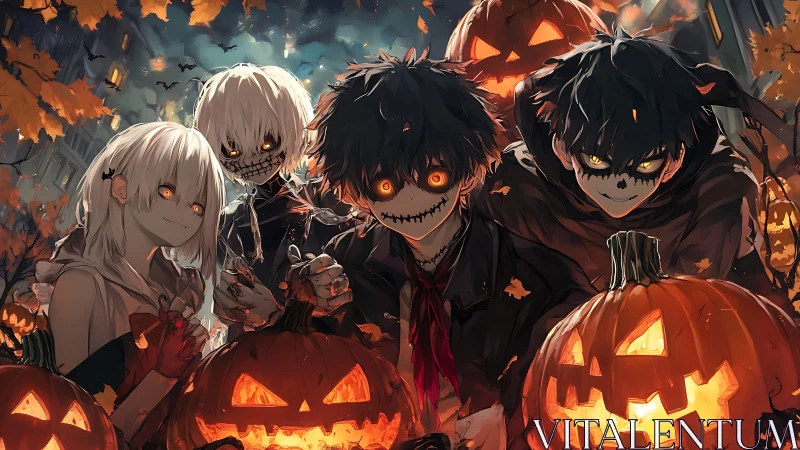 Halloween costumed teens amid glowing jack o lanterns at night.