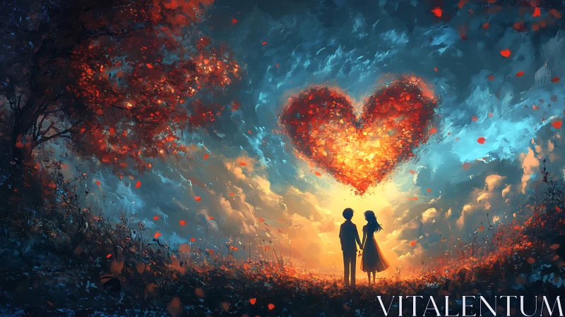 Two figures hold hands beneath a fiery heart-shaped nebula.