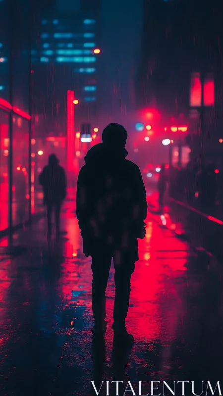 Silhouette on rainy neon city street at night, backlit figure.