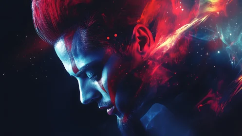 Neon-lit male portrait in abstract cosmic flames.