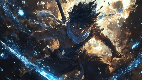 Battle-ready warrior channels blue energy in explosive motion