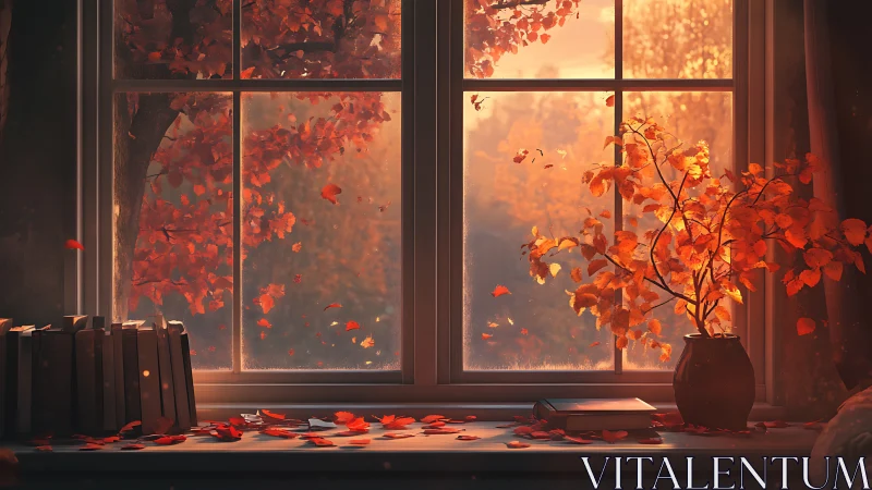 Quiet autumn window with drifting leaves and story-filled books.
