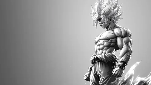 Muscular anime warrior stands charged on empty gradient field