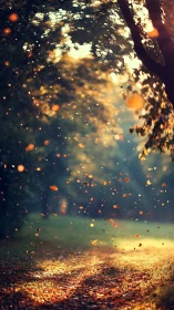 Autumn leaves swirl through sunlit forest pathway glow.