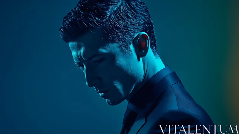 Moody blue portrait of a thoughtful man in soft light.