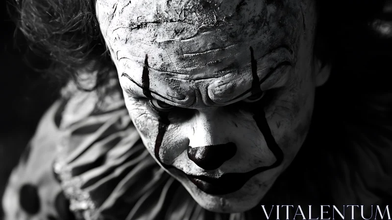 Sinister clown portrait in harsh monochrome studio light.