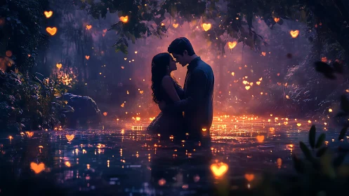 Couple embracing in luminous heart-filled water at dusk.