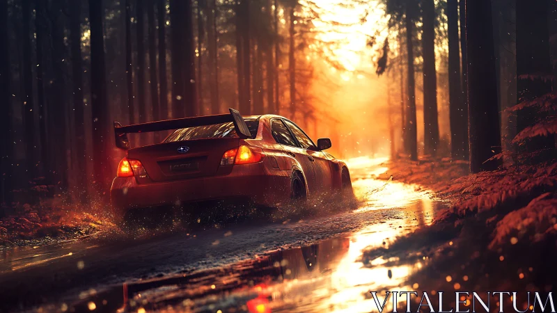 Sunlit forest rally drive through golden drifting mist.