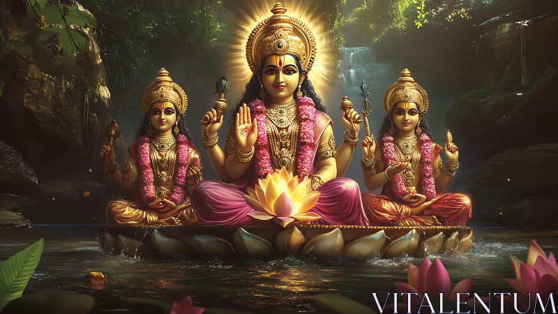 Lotus-borne deities bask in golden light above a forest stream