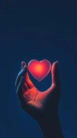 Hands Holding Illuminated Heart Form Against Dark Blue