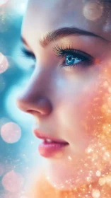 Side profile closeup of female face with soft bokeh light.