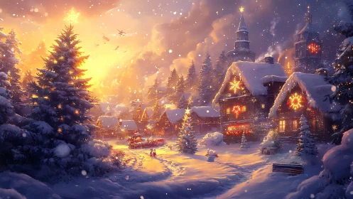 Snow-laden alpine village at sunset with festive lighting effects