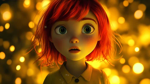 Wide eyed child gazes into glowing golden lights with wonder