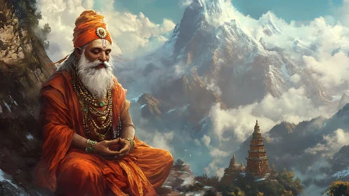 Orange robed sage meditating before misty Himalayan peaks.