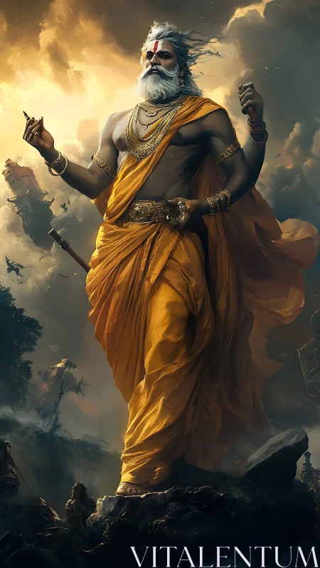Mythic elder in saffron robes amid stormlit battlefield.