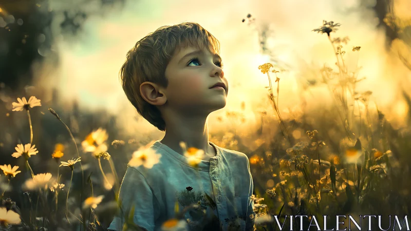 Dreamlit child gazing upward in golden wildflower field.